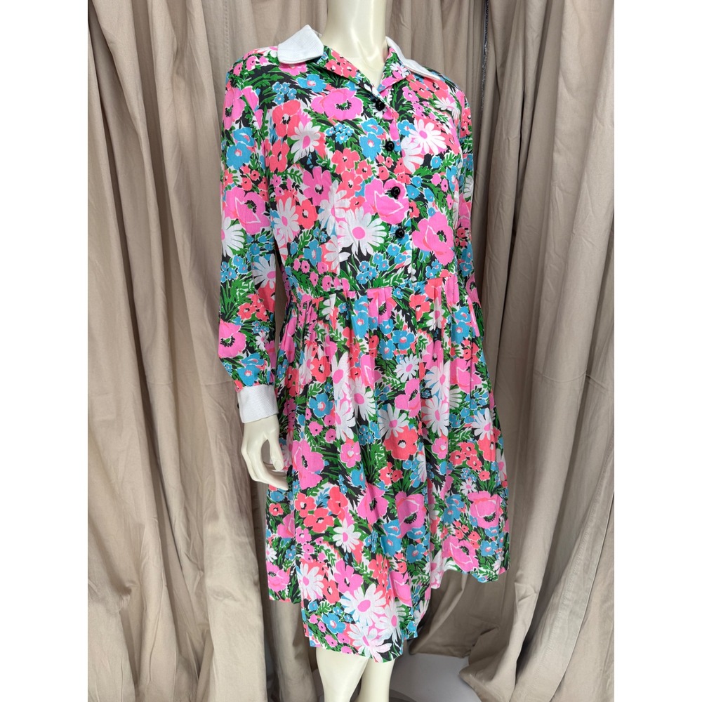 Vintage 60s 70s Handmade Floral Dress Pink Blue White Collar Mod 1960s